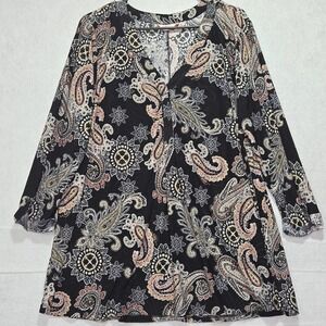 AMANA Black Paisley Print Long Sleeve Tunic Top Plus Size 3X V-Neck